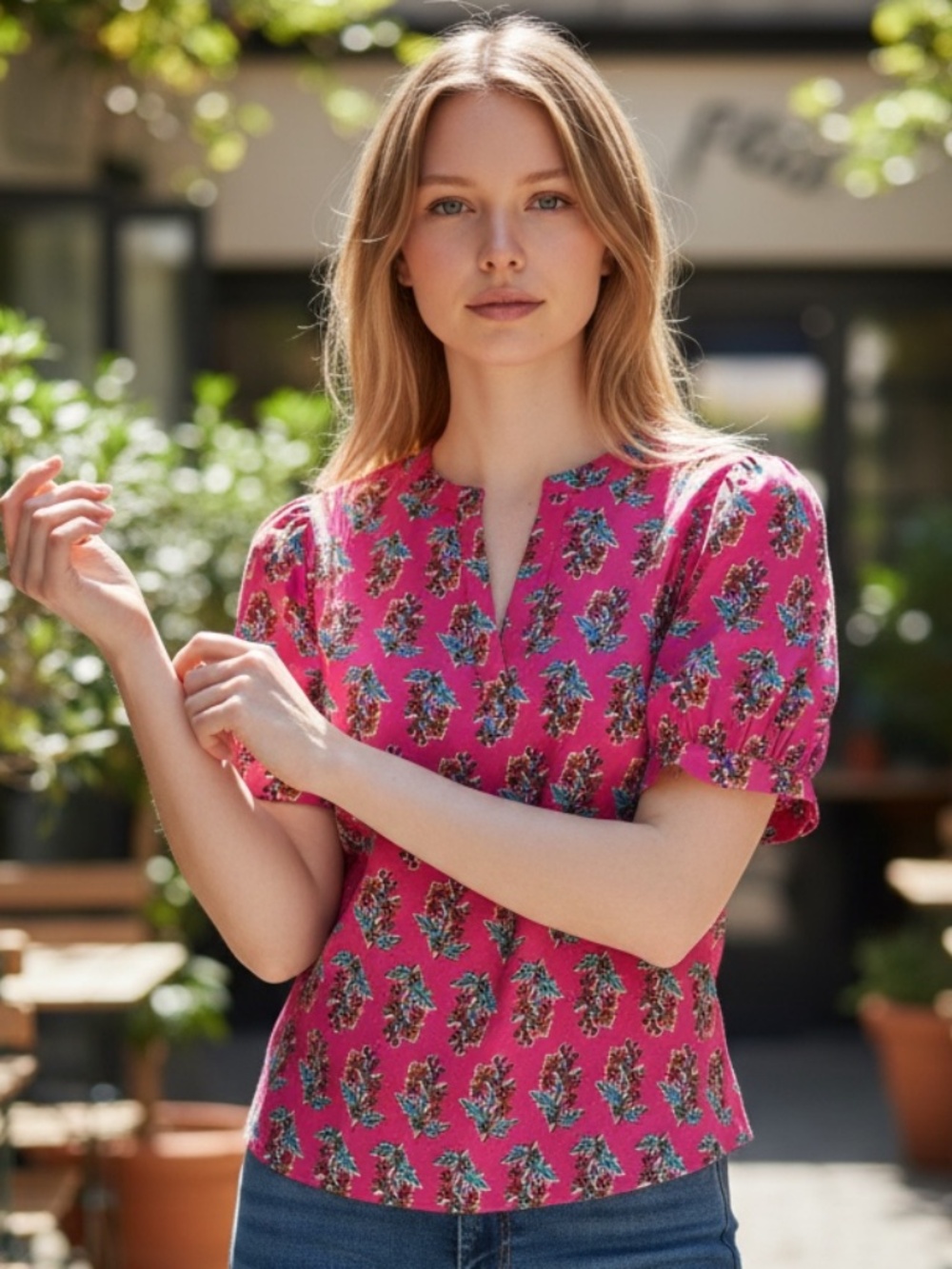 J. Crew vibrant fuchsia pink short-sleeve poplin top size small